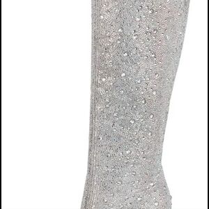 New In Box Ouepiano Womens Rhinestone High Heel Boots Size 6 Silver Knee High